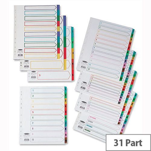 Concord 1-31 Index Extra Wide Multicolour Tabs Europunched A4 White