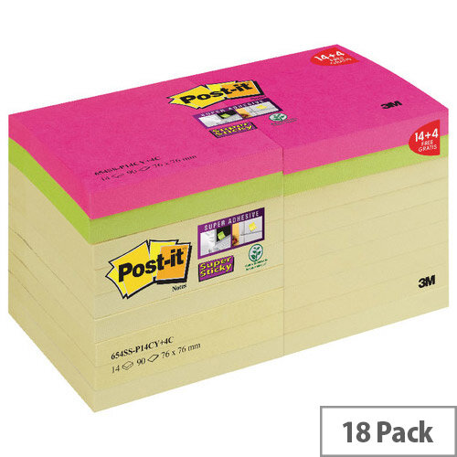 Post-it Super Sticky Notes Canary Yellow 76 x 76mm 90 sheet Pack of 18 654SS-P14CY+4C Post-it Super Sticky Notes Canary Yellow 76 x 76mm 90 sheet Pack of 18 654SS-P14CY+4C