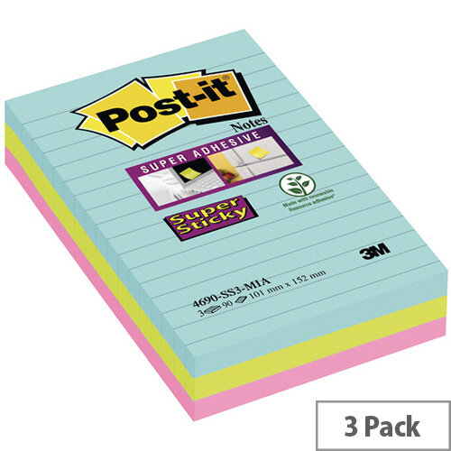 Post-it Super Sticky Lined Notes Miami XXL 101 x 152mm 4690-SS3-MIA Post-it Super Sticky Lined Notes Miami XXL 101 x 152mm 4690-SS3-MIA
