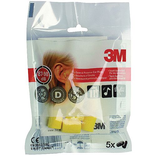 3M E-A-R Classic Extra Soft Ear Plugs 28dB High Visibility Yellow Pack 5 - Uncorded ear plugs made of soft energy absorbing polymer foam - Conform to EN352-2:1993