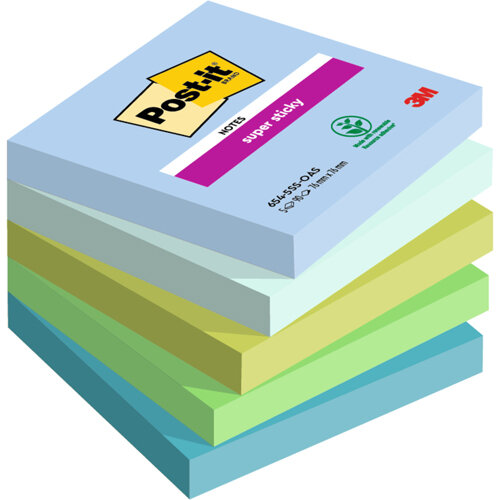 Post-it Super Sticky Notes, Oasis Colour Collection, 76 mm x 76 mm, 90 Sheets/Pad, 5 Pads/Pack