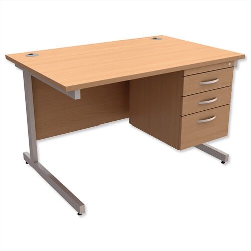 Rectangular Office Desk With Fixed 3-Drawer Pedestal Silver Legs W1200mm Beech Ashford – Cantilever Desk & Extra Storage , 25 Year Warranty