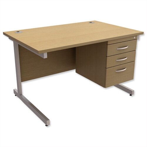 Rectangular Office Desk With Fixed 3-Drawer Pedestal Silver Legs W1200mm Urban Oak Ashford – Cantilever Desk &Extra Storage , 25 Year Warranty Rectangular Office Desk With Fixed 3-Drawer Pedestal Silver Legs W1200mm Urban Oak Ashford – Cantilever Desk &Extra Storage , 25 Year Warranty
