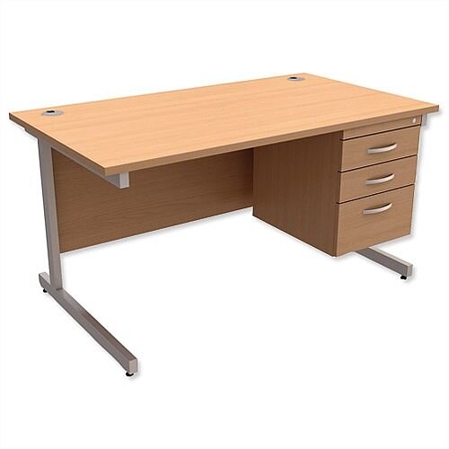 Rectangular Office Desk With Fixed 3-Drawer Pedestal Silver Legs W1400mm Beech Ashford  – Cantilever Desk & Extra Storage , 25 Year Warranty