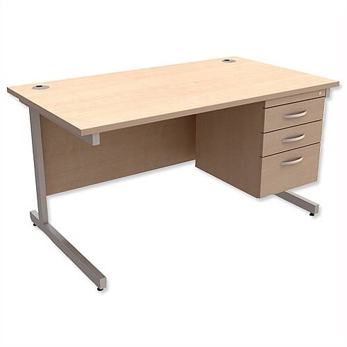 Rectangular Office Desk With Fixed 3-Drawer Pedestal Silver Legs W1400mm Maple Ashford – Cantilever Desk &Extra Storage , 25 Year Warranty Rectangular Office Desk With Fixed 3-Drawer Pedestal Silver Legs W1400mm Maple Ashford – Cantilever Desk &Extra Storage , 25 Year Warranty