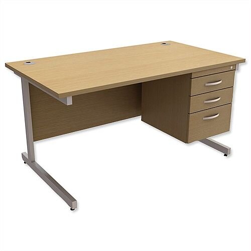 Rectangular Office Desk With Fixed 3-Drawer Pedestal Silver Legs W1400mm Urban Oak Ashford  – Cantilever Desk & Extra Storage , 25 Year Warranty