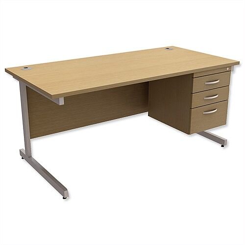 Rectangular Office Desk With Fixed 3-Drawer Pedestal Silver Legs W1600mm Urban Oak Ashford – Cantilever Desk &Extra Storage , 25 Year Warranty Rectangular Office Desk With Fixed 3-Drawer Pedestal Silver Legs W1600mm Urban Oak Ashford – Cantilever Desk &Extra Storage , 25 Year Warranty