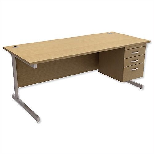 Rectangular Office Desk With Fixed 3-Drawer Pedestal Silver Legs W1800mm Urban Oak Ashford – Cantilever Desk & Extra Storage , 25 Year Warranty