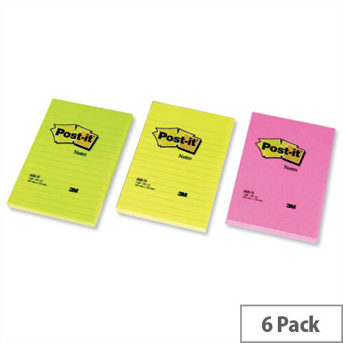 Post-it Notes Large Notes Feint Ruled Pad of 100 Sheets 102x152mm Rainbow Colour Pack 6 Post-it Notes Large Notes Feint Ruled Pad of 100 Sheets 102x152mm Rainbow Colour Pack 6