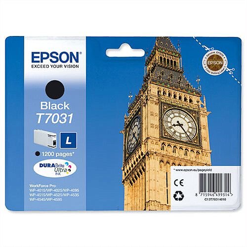 Epson T7031 Inkjet Cartridge Big Ben Page Life 1200pp Black C13T70314010 Epson T7031 Inkjet Cartridge Big Ben Page Life 1200pp Black C13T70314010