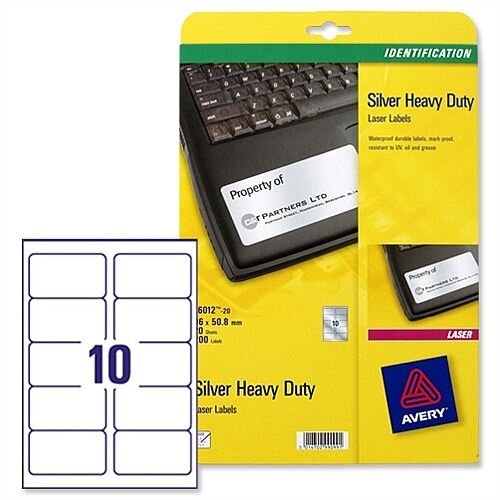 Avery L6012-20 Silver Heavy Duty Labels Laser 99.1x57.0mm 200 Labels