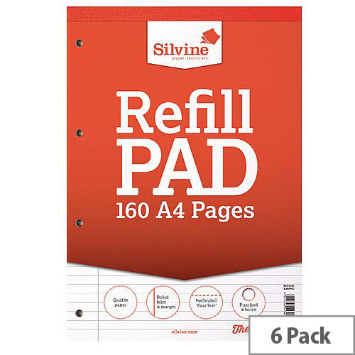 Silvine A4 Refill Pad Headbound Perforated Punched 160 Pages Pack 6 Silvine A4 Refill Pad Headbound Perforated Punched 160 Pages Pack 6
