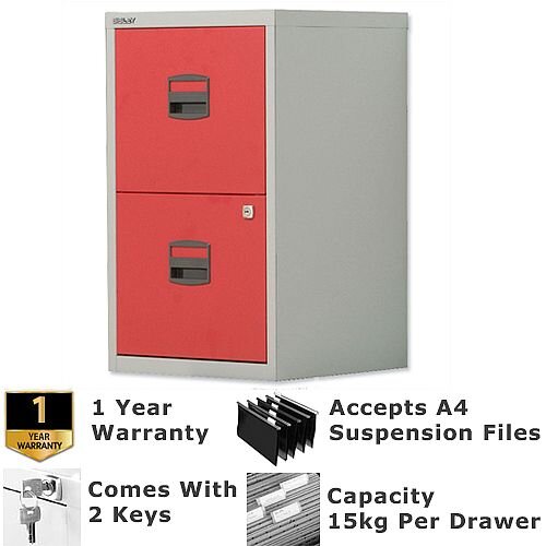 2 Drawer A4 Steel Filing Cabinet Lockable Grey & Red Bisley PFA Home Filers