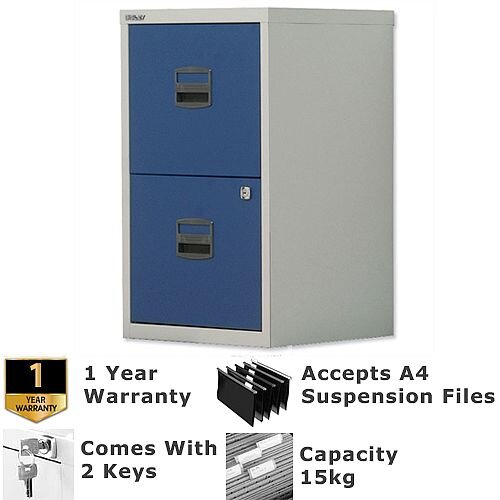 2 Drawer A4 Steel Filing Cabinet Lockable Grey & Oxford Blue Bisley PFA Home Filers