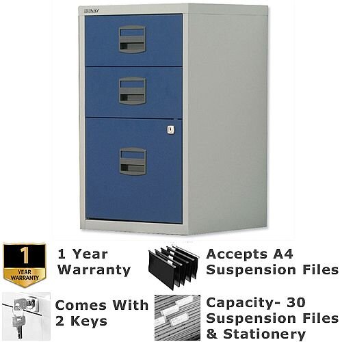 1 Filing & 2 Stationery Drawer A4 Steel Filing Cabinet Lockable Grey & Oxford Blue Bisley PFA Home Filers