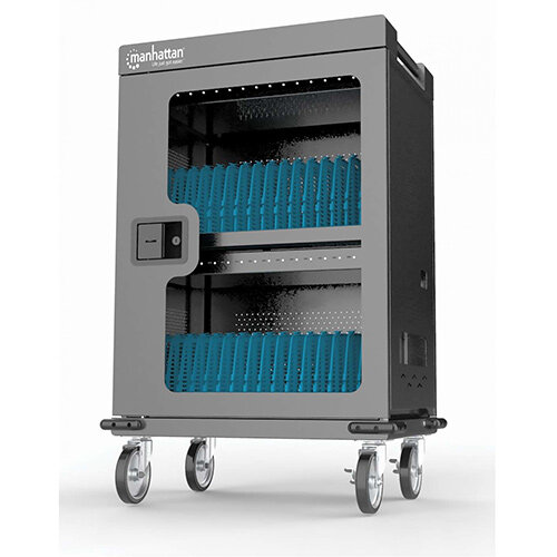 Manhattan Charging Cabinet/Cart via USB-C x32 Devices, Trolley, Power Delivery 18W per port (576W total), Suitable for iPads/other tablets/chromebooks up to 15.6 Inches, Bays 380x30x280mm, Device charging cables not included, Lockable (PIN code), EU & UK 