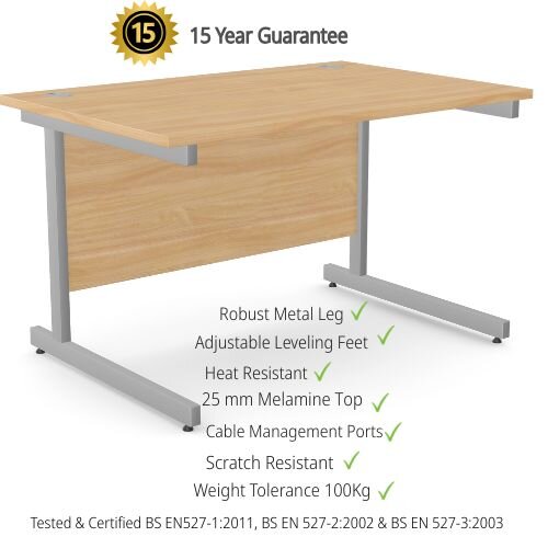 Office Desk - Rectangular Beech Top & Silver Cantilever Legs W1200xD800xH725mm Ashford 15 Year Guarantee
