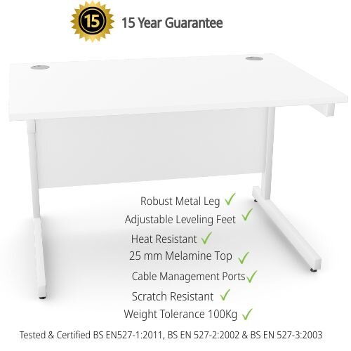 Office Desk Rectangular White Cantilever Legs W1200xD800xH725mm White Ashford