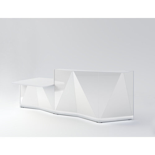 ALPA Straight Reception Desk with White Glass Front &Right Low Level Section W3034xD1200xH1100mm ALPA Straight Reception Desk with White Glass Front &Right Low Level Section W3034xD1200xH1100mm