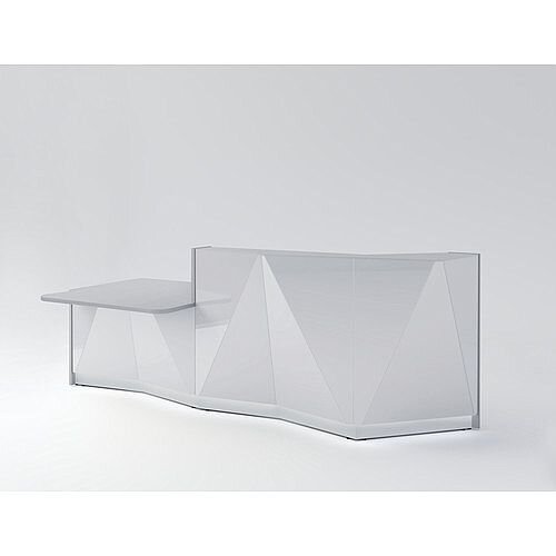 ALPA Straight Reception Desk with Silver Glass Front &Right Low Level Section W3034xD1200xH1100mm ALPA Straight Reception Desk with Silver Glass Front &Right Low Level Section W3034xD1200xH1100mm