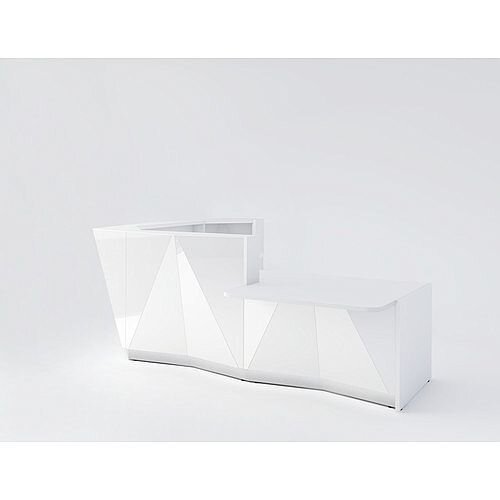 ALPA L Shaped Reception Desk with White Glass Front &Left Low Level Section W3135xD2767xH1100mm ALPA L Shaped Reception Desk with White Glass Front &Left Low Level Section W3135xD2767xH1100mm