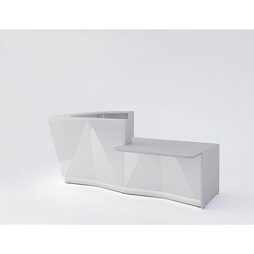 ALPA L Shaped Reception Desk with Silver Glass Front &Left Low Level Section W3135xD2767xH1100mm ALPA L Shaped Reception Desk with Silver Glass Front &Left Low Level Section W3135xD2767xH1100mm