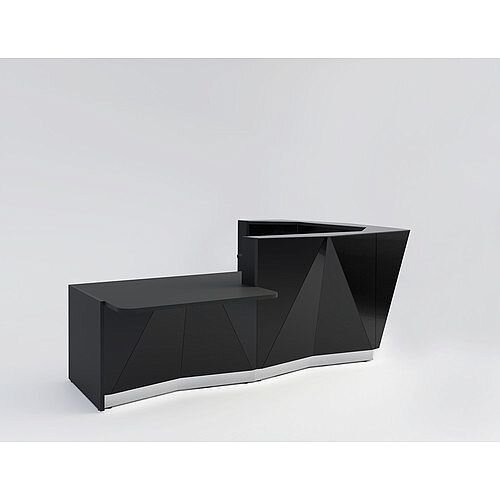 ALPA L Shaped Reception Desk with Black Glass Front &Right Low Level Section W3135xD2767xH1100mm ALPA L Shaped Reception Desk with Black Glass Front &Right Low Level Section W3135xD2767xH1100mm