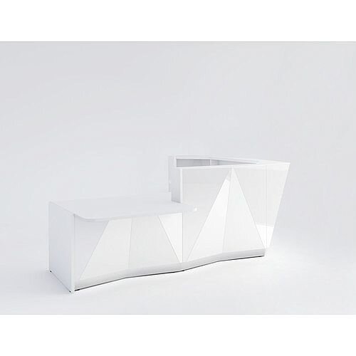 ALPA L Shaped Reception Desk with White Glass Front &Right Low Level Section W3135xD2767xH1100mm ALPA L Shaped Reception Desk with White Glass Front &Right Low Level Section W3135xD2767xH1100mm