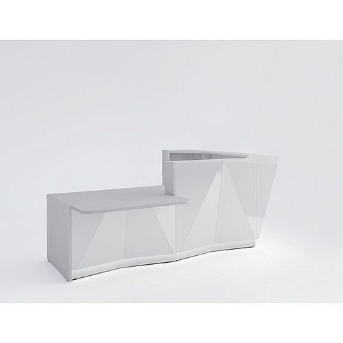 ALPA L Shaped Reception Desk with Silver Glass Front &Right Low Level Section W3135xD2767xH1100mm ALPA L Shaped Reception Desk with Silver Glass Front &Right Low Level Section W3135xD2767xH1100mm