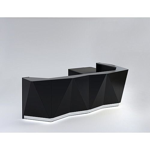 ALPA L Shaped Reception Desk with Black Glass Front &Left Low Level Section W3967xD3135xH1100mm ALPA L Shaped Reception Desk with Black Glass Front &Left Low Level Section W3967xD3135xH1100mm