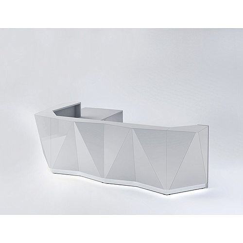 ALPA L Shaped Reception Desk with Silver Glass Front &Right Low Level Section W3967xD3135xH1100mm ALPA L Shaped Reception Desk with Silver Glass Front &Right Low Level Section W3967xD3135xH1100mm