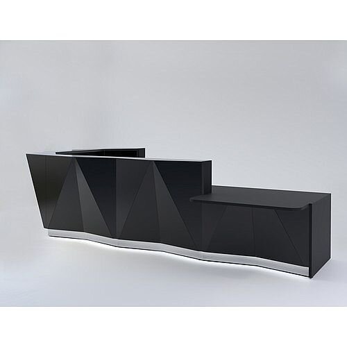 ALPA L Shaped Reception Desk with Black Glass Front &Left Low Level Section W4335xD2767xH1100mm ALPA L Shaped Reception Desk with Black Glass Front &Left Low Level Section W4335xD2767xH1100mm