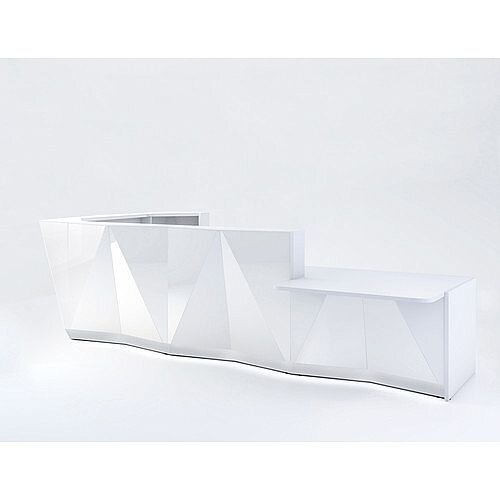 ALPA L Shaped Reception Desk with White Glass Front &Left Low Level Section W4335xD2767xH1100mm ALPA L Shaped Reception Desk with White Glass Front &Left Low Level Section W4335xD2767xH1100mm