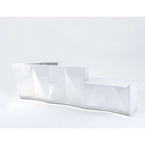 ALPA L Shaped Reception Desk with White Glass Front & Left Low Level Section W4335xD2767xH1100mm