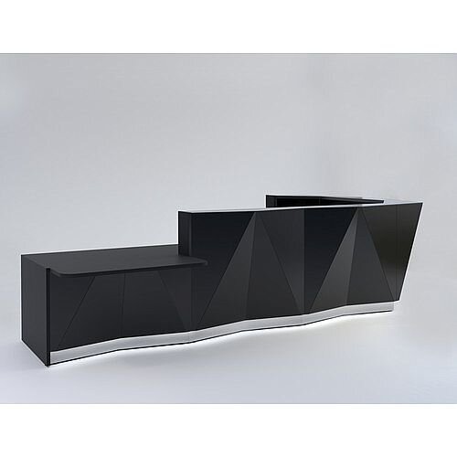 ALPA L Shaped Reception Desk with Black Glass Front &Right Low Level Section W4335xD2767xH1100mm ALPA L Shaped Reception Desk with Black Glass Front &Right Low Level Section W4335xD2767xH1100mm