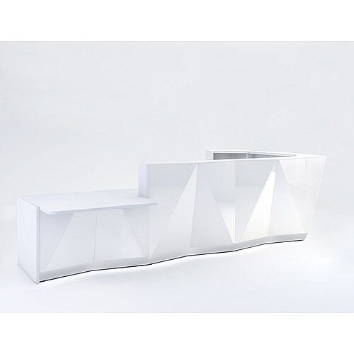 ALPA L Shaped Reception Desk with White Glass Front &Right Low Level Section W4335xD2767xH1100mm ALPA L Shaped Reception Desk with White Glass Front &Right Low Level Section W4335xD2767xH1100mm