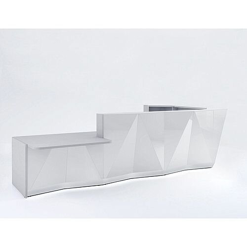 ALPA L Shaped Reception Desk with Silver Glass Front & Right Low Level Section W4335xD2767xH1100mm