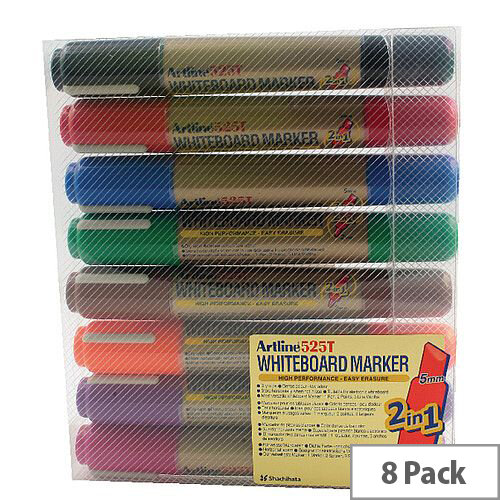 Artline 2-in-1 Whiteboard Markers Bullet/Chisel Tip Assorted Colours Pack of 8 Artline 2-in-1 Whiteboard Markers Bullet/Chisel Tip Assorted Colours Pack of 8