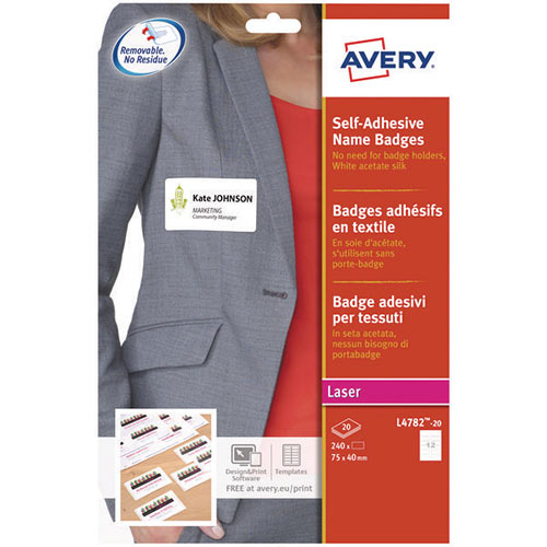 Avery Self Adhesive Name Badge 75 x 40mm White (Pack of 240) L4782-20 Avery Self Adhesive Name Badge 75 x 40mm White (Pack of 240) L4782-20