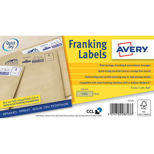 Avery Franking Label QuickDRY 140x38mm 1 Per Sheet Kraft Brown Pack of 500 FL17 Avery Franking Label QuickDRY 140x38mm 1 Per Sheet Kraft Brown Pack of 500 FL17