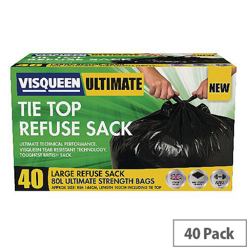 Visqueen Ultimate Tie Top Refuse Sacks 80 Litre Black (Pack of 40 Sacks