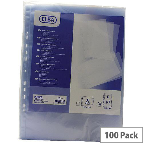 Elba Polypropylene Pocket A3 Upright Open Top Clear 120 Micron Pack of 100 100080921 Elba Polypropylene Pocket A3 Upright Open Top Clear 120 Micron Pack of 100 100080921