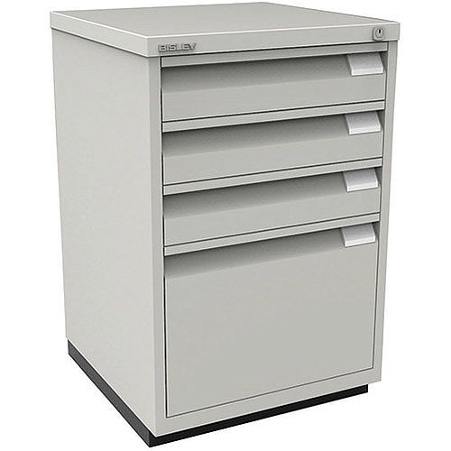 Bisley Flush Fronted Filing Cabinet With 3 Stationery & 1 Filing Drawer Lockable Goose Grey 1F3E