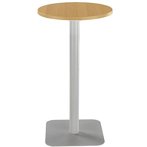 ONE Circular High Cafe &Bistro Table Oak With Silver Square Base W600xD600xH1105mm ONE Circular High Cafe &Bistro Table Oak With Silver Square Base W600xD600xH1105mm