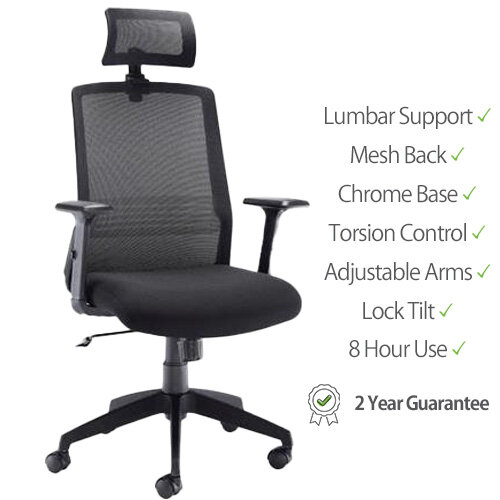Denali High-Back Ergonomic Office Posture Chair - Black Mesh - Lumbar Support - Headrest