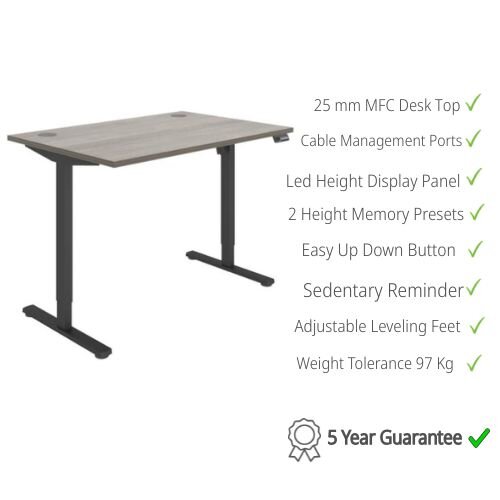 Core Electric Single Motor Height Adjustable Sit Stand Desk 1200 x 800 Alaskan Grey Oak Top and Black frame 5 Year Warranty