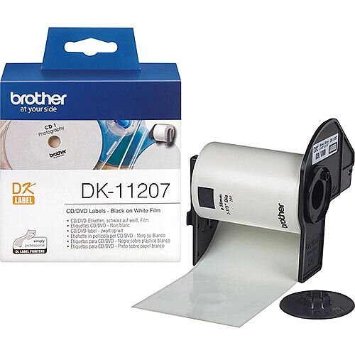 Brother DK-11207 CD/DVD Film Label Roll Black on White 58mm Diameter Brother DK-11207 CD/DVD Film Label Roll Black on White 58mm Diameter