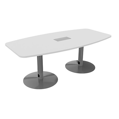 Ensemble Barrel Table - Trumpet Legs Seats 6-8 People 2000x1000x720mm Fitted - 2 Part Drilled Cable Ports - White Top And Aluminium Metal Legs
