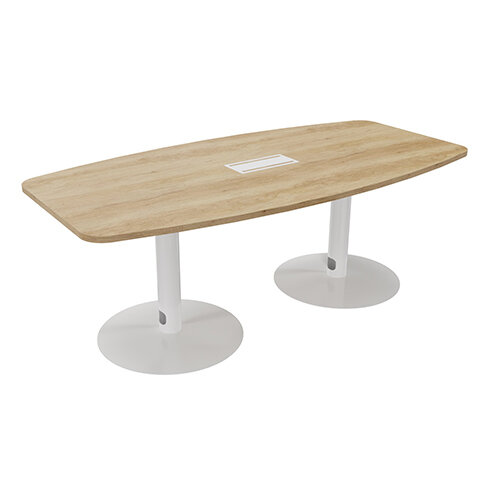 Ensemble Barrel Table - Trumpet Legs Seats 6-8 People 2000x1000x720mm Fitted - 2 Part Drilled Cable Ports - Nebraska Top And White Metal Legs