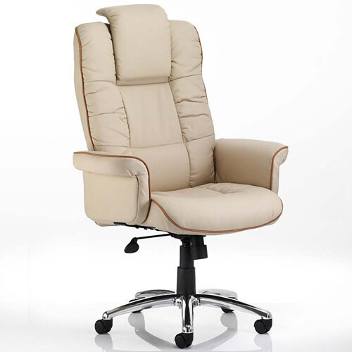 Chelsea Executive High Back Heavy Duty Office Chair Cream Bonded Leather With Static Arms Wide Seat & Height Adjustable Headrest - Weight Tolerance Up to 150kg 